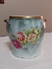 Antique Limoges Green Cache Pot Vase Hand Painted Floral Roses and Gold Trim. picture