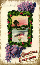 Christmas Greetings Winter Cabin  Scene Holly Violets c1910 Embossed Postcard vt picture