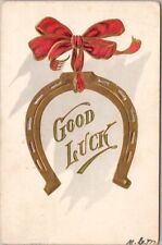 Vintage 1906 GOOD LUCK Embossed Greetings Postcard Gold Horseshoe / NJ Cancel picture