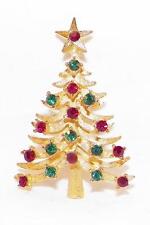 Vintage Christmas Tree Pin Red & Green Rhinestones Goldtone Metal MYLU Nice picture