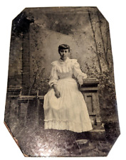 Vintage Antique Tintype 1860s - Woman in white dress in Photo Studio picture