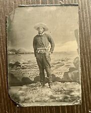 Antique Tintype Photo Cowboy Armed w Knife - Beach Scene w Sidewheel Steamer picture