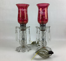 Pair Antique Electric Cranberry Table Lamps with Glass Crystal Prisms 13.5” picture