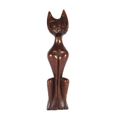 MCM Hand Carved Wooden Egyptian Siamese Cat Wooden Statue Figure Alien Eyes 12