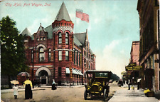 City Hall Street Scene Shops Cars Fort Wayne IN Divided Postcard c1908 picture