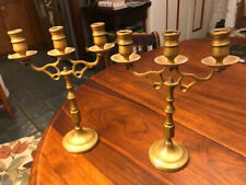 Pair of Two 9 3/4 inch Three Candle Brass Candelabras picture