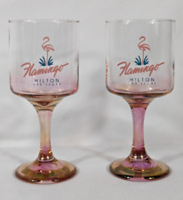 2 Vintage Flamingo Hilton Las Vegas Pink Glasses Iridescent Carnival Wine Goblet picture