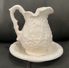 Vintage Enesco Mini Pitcher & Plate White Floral Embossed-Japan 4 1/2” picture