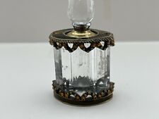 UNIQUE VINTAGE BEVELED GLASS, BRASS AND ENAMELED PERFUME BOTTLE W/AMBER STONES picture