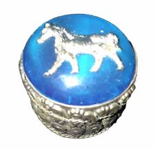 Vintage Small Round Jewelry Trinket Box Blue  W/ Silver Horse Made In India picture