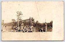 RPPC WWI-Era Soldiers~Motorcycle~Posthole Dig~Barbed Wire & Wrought Iron Fences picture