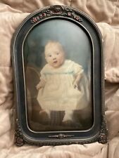 Antique Victorian Floral Arched Wood Frame Convex Bubble Glass w/ Baby Portrait picture