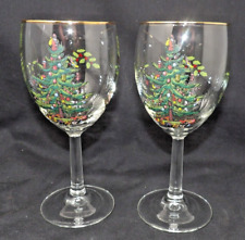 2 Spode Christmas Tree Pattern 12oz Wine  Gold Rim Glasses Goblets 7 1/4