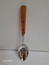 Vintage Ekco Pierced Serving Spoon Wood Handle Stainless Steel 9