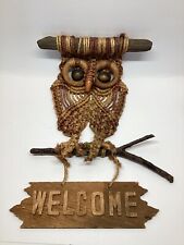 Vintage 1970’s Jute Macrame BOHO Owl Wall Hanging Welcome Sign picture