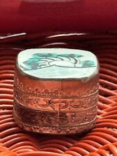 Vintage Chinese Shard Pottery Pill Box Silverplate Embossed Band picture