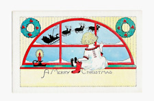 Unposted 1910s-20s Child Sees SANTA Fly by Window Antique Postcard picture