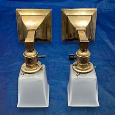 Rewired Pair Brass Arts & Crafts Mission Sconces Square Shades 23J picture