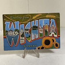 Postcard Large Letter Greetings From Wichita Kansas KS Linen Sunflower Wheat picture