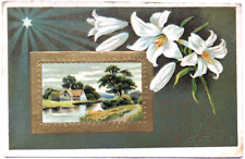 Vintage Antique Easter Postcard Easter Lilies Embossed Gold Gilt Scenic c1910 picture