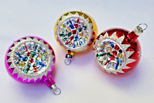 Set of 3 Bradford Indent Christmas Ornaments Vtg Multicolor Blown Glass Glitter picture