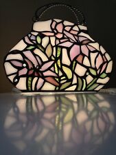 Vintage Tiffany Style Pink Purple Flowers Stained Glass Purse Accent Lamp Light picture