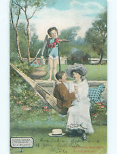 Pre-1907 valentine COUPLE IN CUPID GARDEN - TRESPASSERS WILL BE SHOT SIGN k9149 picture
