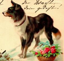 Vtg Postcard 1903 PMC - Dog With Basket - Wishing You a Happy Christmas picture