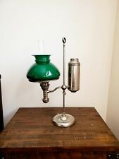 ANTIQUE 1880s Manhattan Brass Co Student Desk Oil Lamp with Green Cased Shade picture
