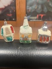 3 VINTAGE MERCURY GLASS CHRISTMAS ORNAMENTS HOUSE CHURCH -GERMANY -SHINY BRITE picture