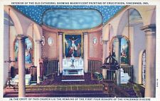 Old Cathedral Painting Of Crucifixion Vincennes IN Vintage Linen Post Card picture