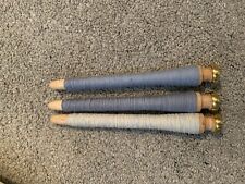 Lot 3 Vintage WOOD SPOOLS Machine Variety with BLUE THREAD, gold bottoms picture