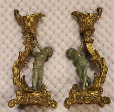 Pair of Antique Brass Cherub Candlesticks With Patina picture