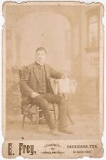 CIRCA 1890s CABINET CARD E. FREY HANDSOME MAN HOLDING MAGAZINE CORSICANA TEXAS picture