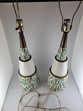 (2) Genuine Vintage Mid Century 60s-70s Ceramic Table Lamps Turquoise White Wood picture