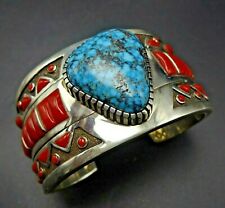 Navajo MICHAEL PERRY SterlingSilver WATERWEB TURQUOISE CORAL INLAY Cuff BRACELET picture