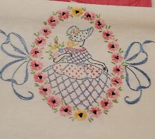 Vtg Embroidered Southern Belle Table Runner Ribbons Flowers Cottage 15x38