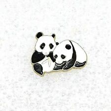 Two Panda Bears Black White Gold Tone Enamel Lapel Hat Pin picture