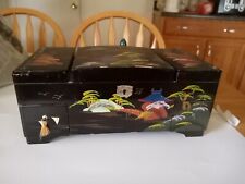 Vintage Japanese Black Lacquer Hand Painted Music Jewelry Box With Mirror picture