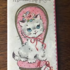 VTG NEW Hallmark greeting card gift kitten on pink victorian chair posy Env picture