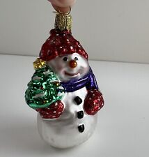 Vintage Old World Christmas Blown Glass Snowman W/ Christmas Tree Ornament picture