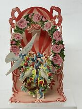 1928 Valentine Day Card Die Cut Mechanical Pop-Up 3D Germany VTG Birds Flowers picture