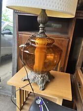 Vintage Mid Century Amber Glass Table Lamp Metal Base picture