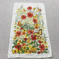 Vintage Tea Towel Floral Butterflies Garden 60s 70s MCM Orange Yellow Green picture