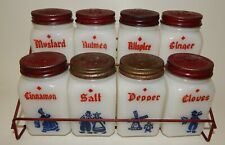 Set 8 Vtg McKee Tipp City Dutch Milk Glass Spice Shakers in Original Red Rack picture