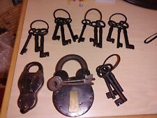 Vintage Cast Iron Padlock with 2 Skeleton Keys Works + Second Lock + 15 Keys picture