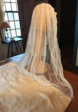 Authentic Vintage 1920s Ivory Silk Velvet Fabric & Net Long Bridal Veil Train picture