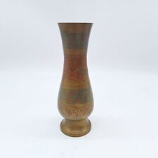 Vintage solid brass etched vase ornate red stain boho decor made in India picture