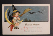 Mint USA Picture Postcard Halloween Young Witch on Moon with Bats Black Cat Star picture