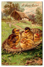 1908 A Happy Easter, Chicks in a Basket, Country Scene, Postcard picture